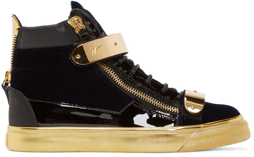 Giuseppe Zanotti Black and Gold Velvet London High-top Sneakers
