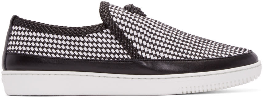 Versace Black and White Leather Woven Slip-on Sneakers