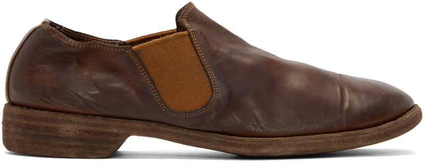 Guidi Brown Leather Distressed Loafers