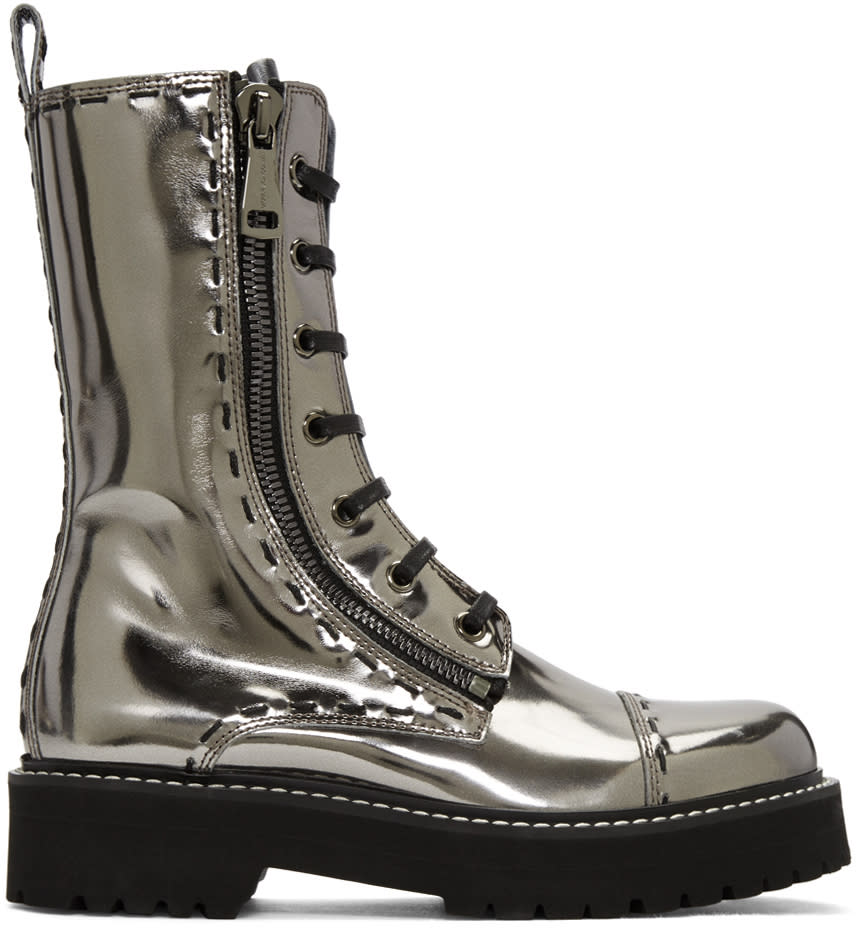 Dolce and Gabbana Silver Leather Combat Boots