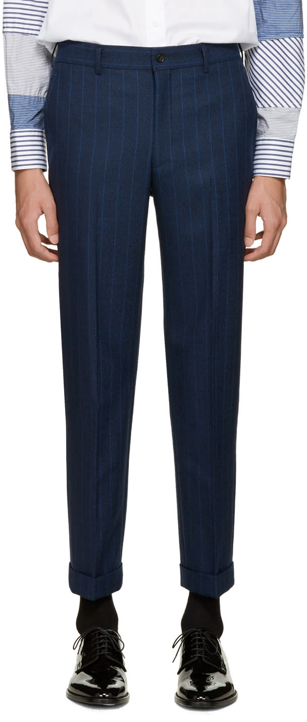 Comme Des Garcons Homme Plus Navy Wool Striped Trousers