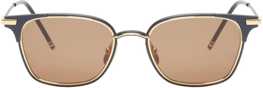 Thom Browne Navy and 18k Gold Square Sunglasses