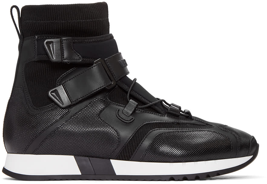 Versace Black Leather and Neoprene High-top Sneakers