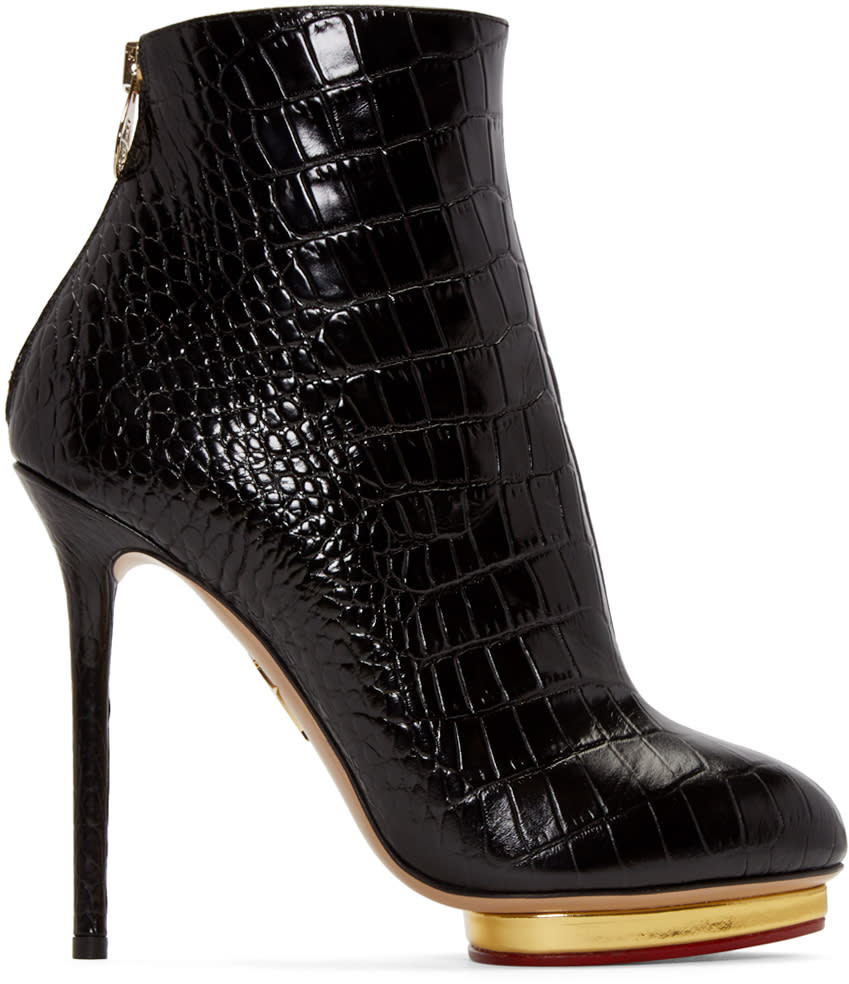 Charlotte Olympia Black Croc-embossed Doreen Boots