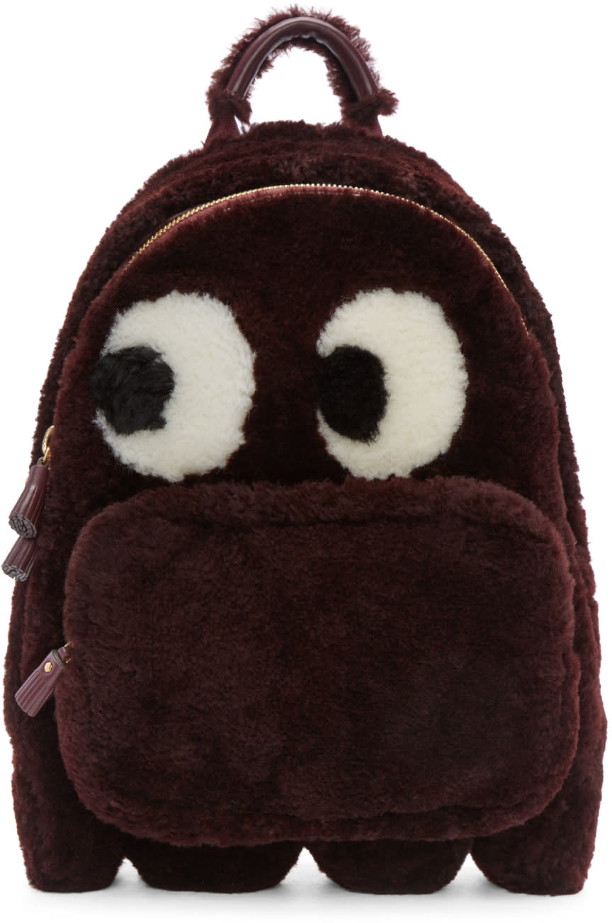 Anya Hindmarch Burgundy Shearling Ghost Furry Backpack