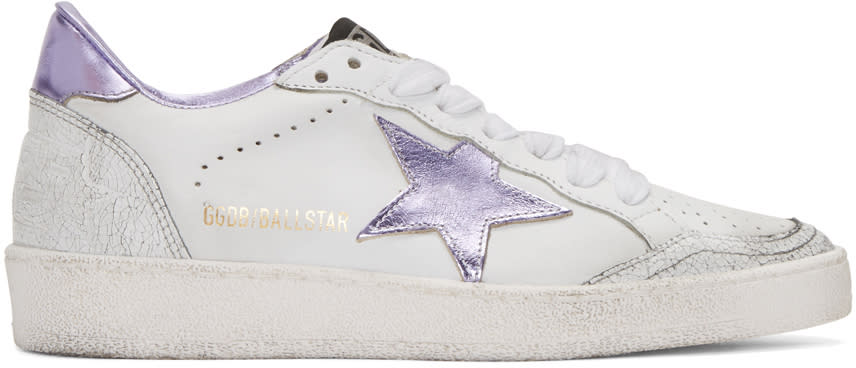 Golden Goose White and Purple Ball Star Sneakers