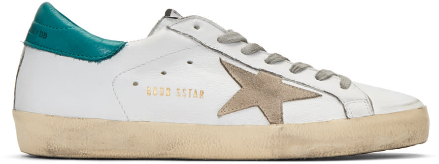Golden Goose White and Green Superstar Sneakers