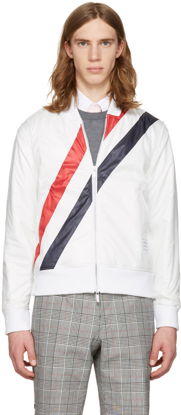 Thom Browne ホワイト 3 ストライプ ボンバー ジャケット