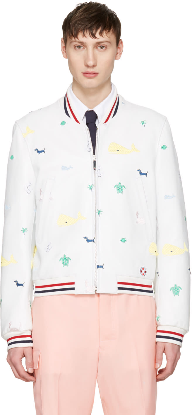 Thom Browne ホワイト ファンミックス アイコン バーシティ ジャケット