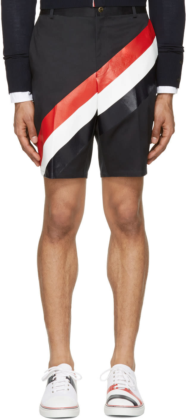Thom Browne Navy Diagonal Stripe Unconstructed Chino Shorts