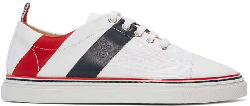 Thom Browne White Stripe Straight Toe Cap Sneakers