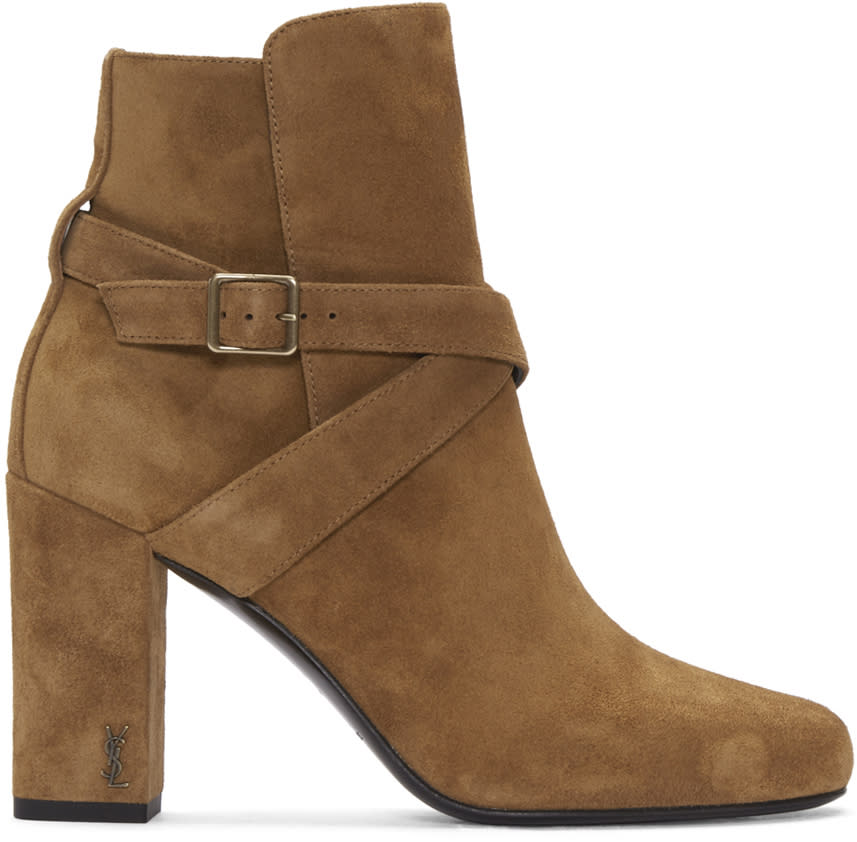 Saint Laurent Tan Suede Cross Strap Babies Boots