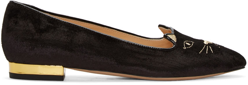 Charlotte Olympia Black Velvet Mid-century Kitty Flats