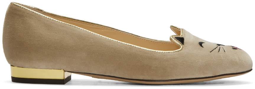 Charlotte Olympia Taupe Velvet Cheeky Kitty Flats