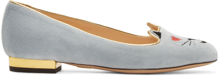 Charlotte Olympia Blue Velvet Flirty Kitty Flats