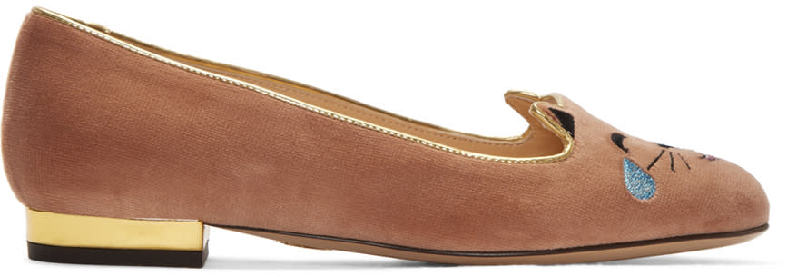 Charlotte Olympia Pink Velvet Lol Kitty Flats