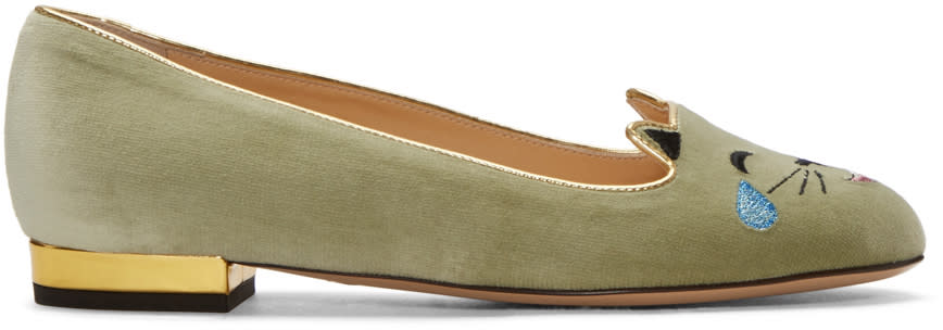 Charlotte Olympia Green Velvet Lol Kitty Flats