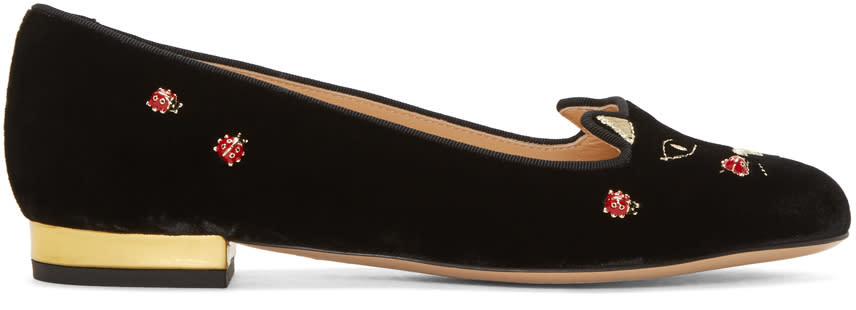 Charlotte Olympia Black Velvet Lucky Kitty Flats