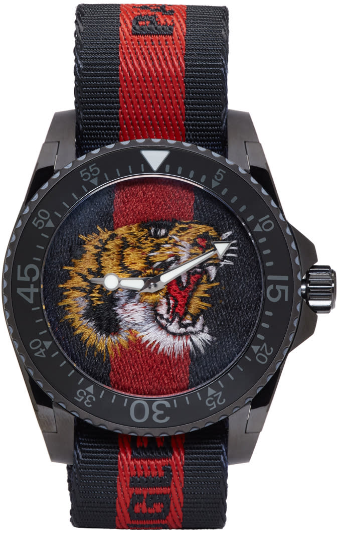 Gucci Navy and Red Web Tiger Dive Watch