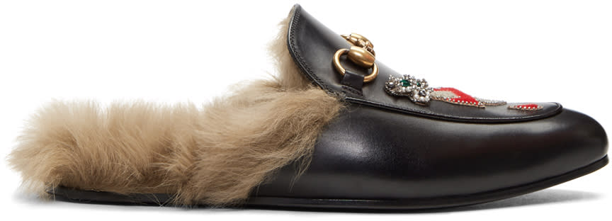 Gucci Black Lion and Pierced Heart Princetown Slip-on Loafers
