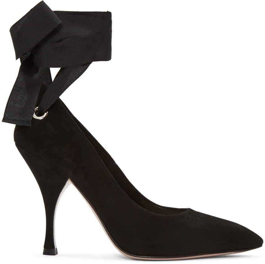 Miu Miu Black Suede Grommet and Ribbon Heels