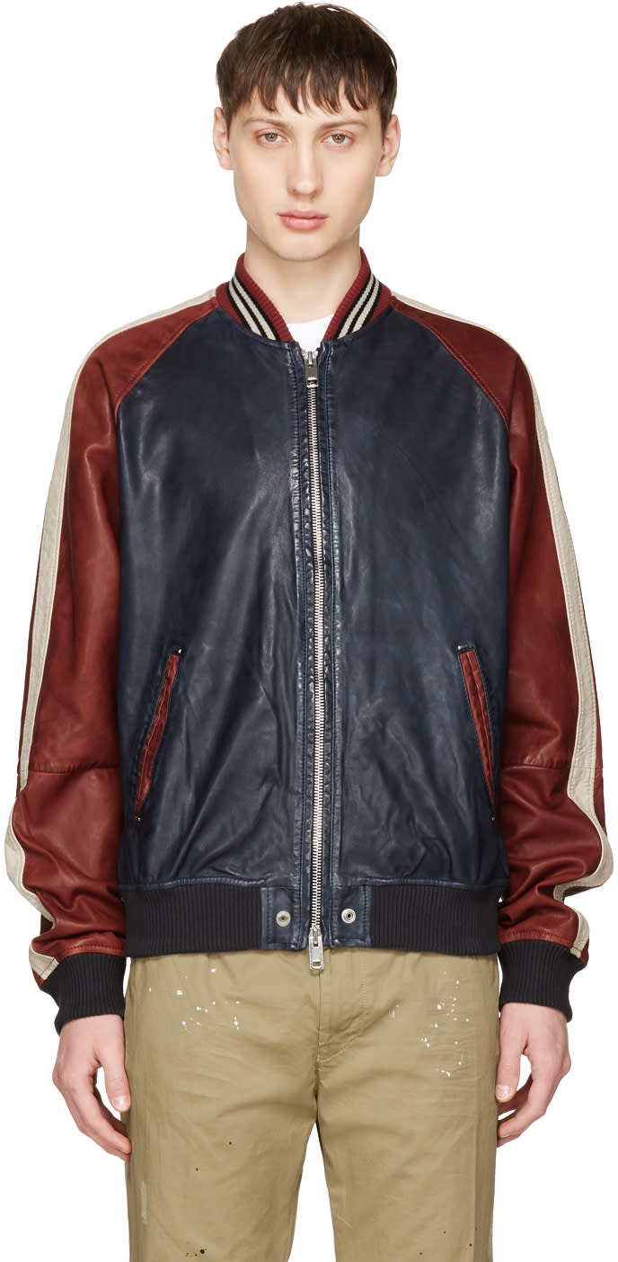 Diesel Red and Navy Leather L-truly Bomber Jacket