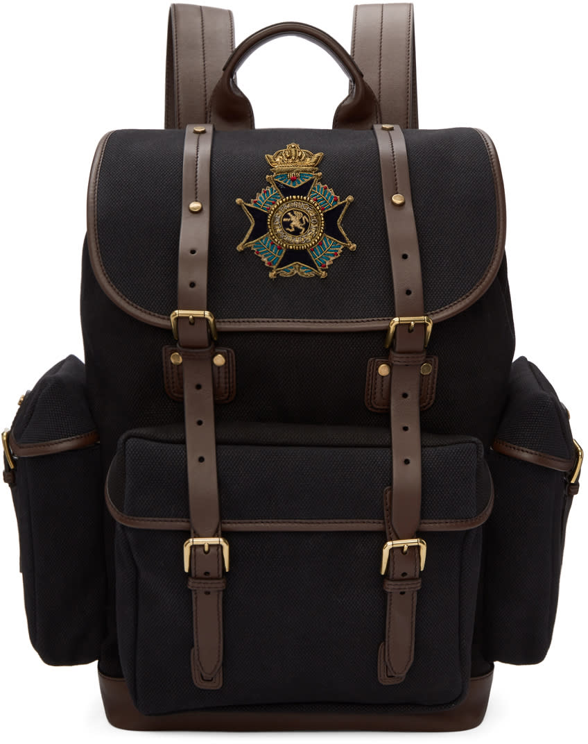 Dolce and Gabbana Black Embroidered Crest Backpack