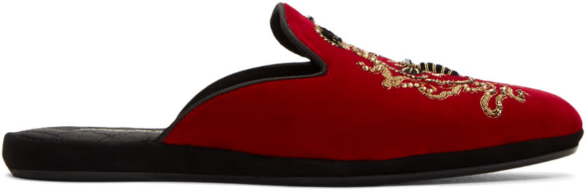 Dolce and Gabbana Red Embroidered Velvet Slippers