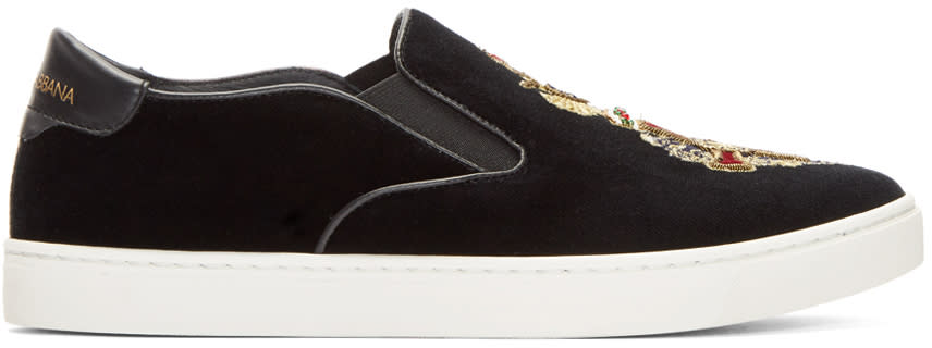Dolce and Gabbana Black Velvet Crest Slip-on Sneakers