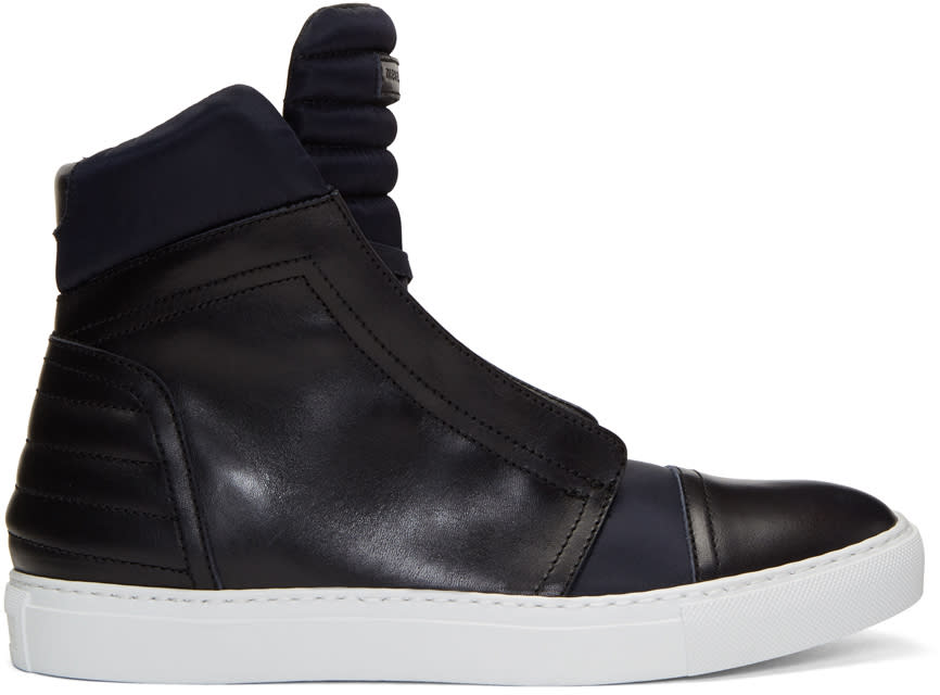Diesel Black Gold Navy Leather and Nylon High-top Sneakers