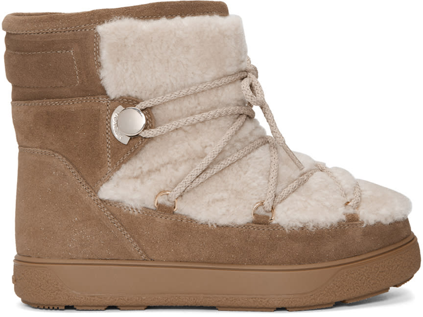 Moncler Brown Glitter Suede and Shearling Fanny Boots