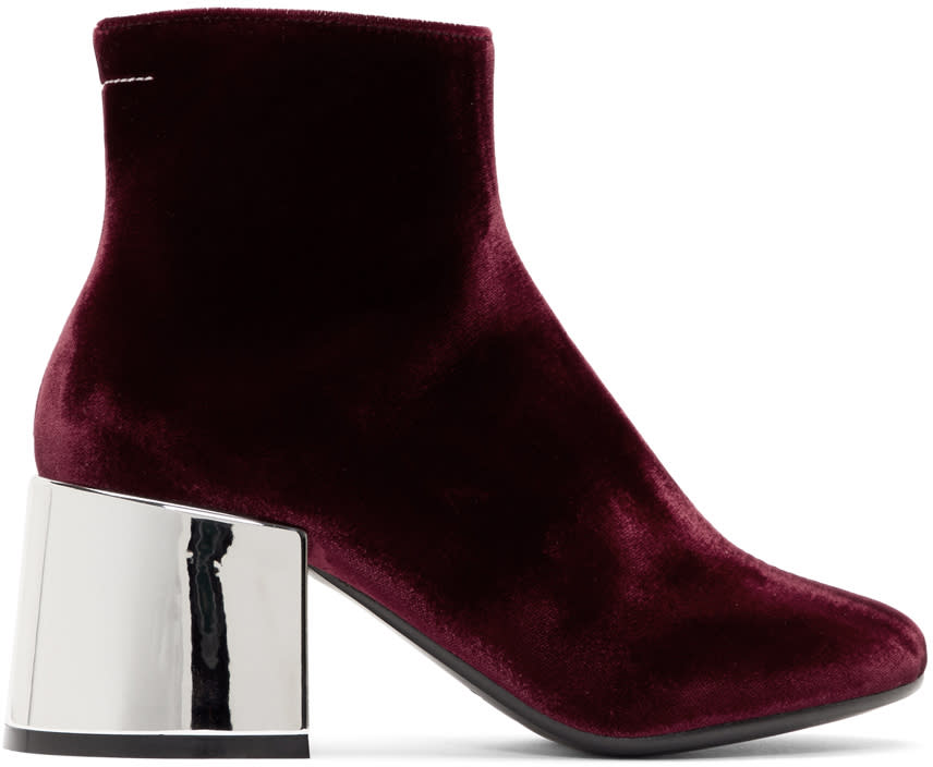 Mm6 Maison Margiela Burgundy Velvet Cube Heel Boots