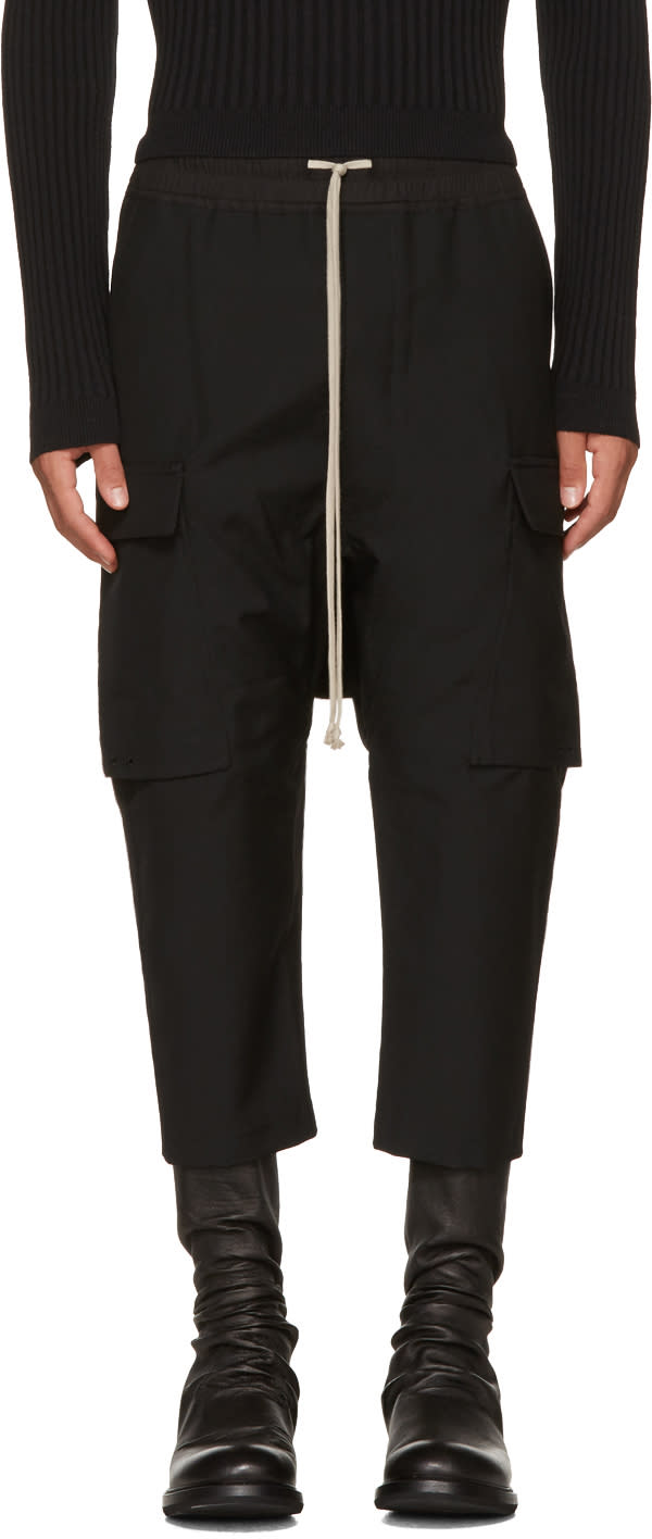 Rick Owens Black Wool Drawstring Cropped Cargo Pants