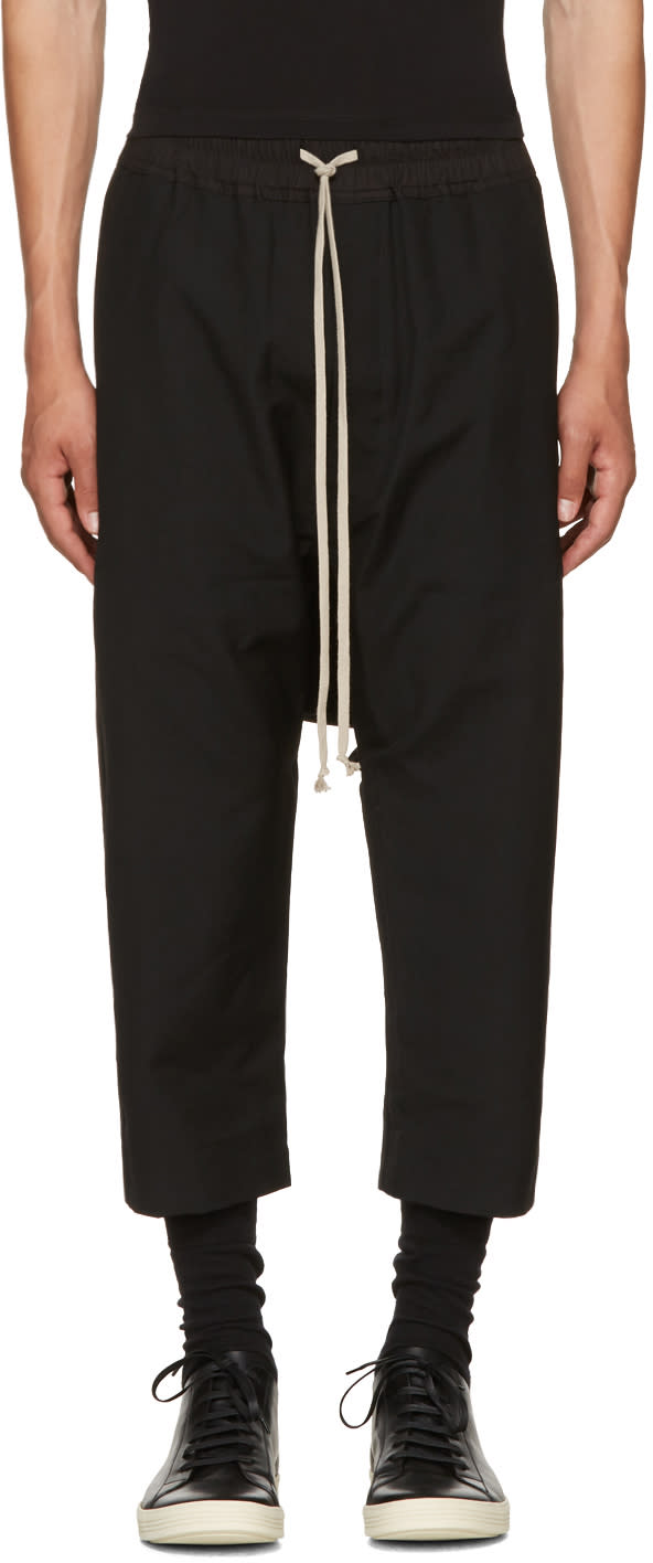 Rick Owens Black Wool Cropped Drawstring Trousers