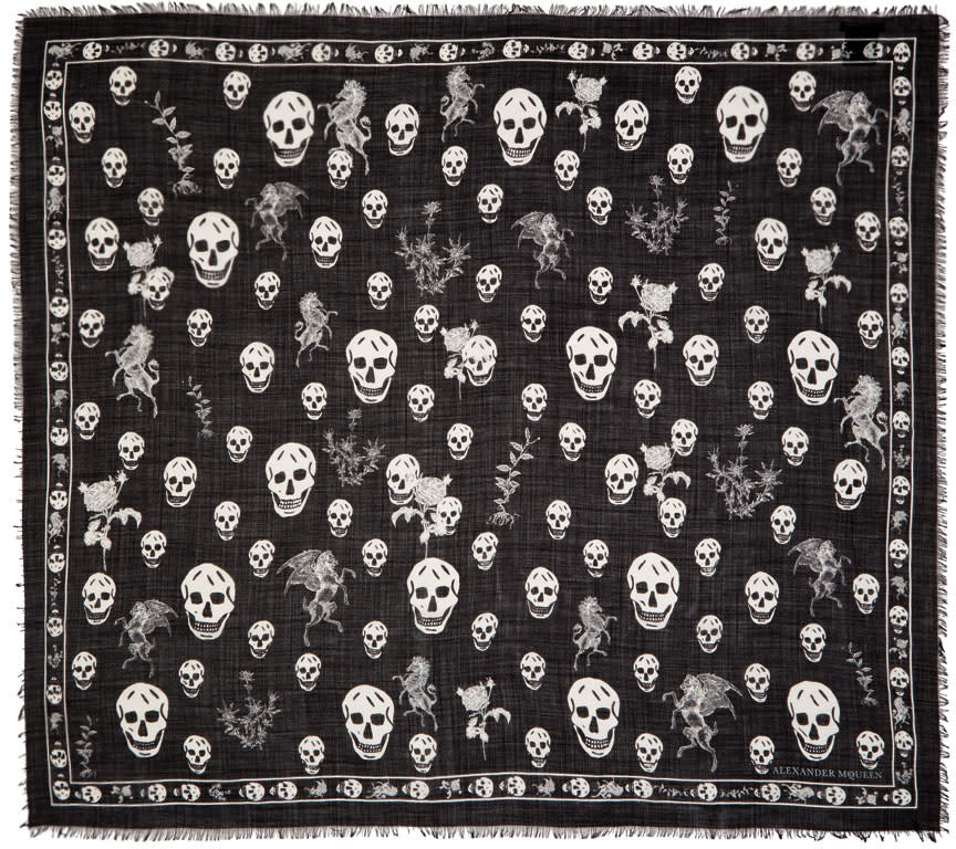 Alexander Mcqueen Black Romantic Weeds and Skull Pashmina Scarf
