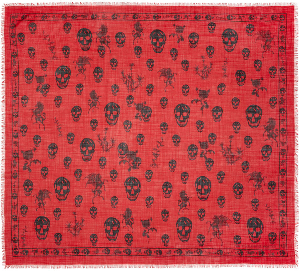 Alexander Mcqueen Red Romantic Weeds and Skull Pashmina Scarf
