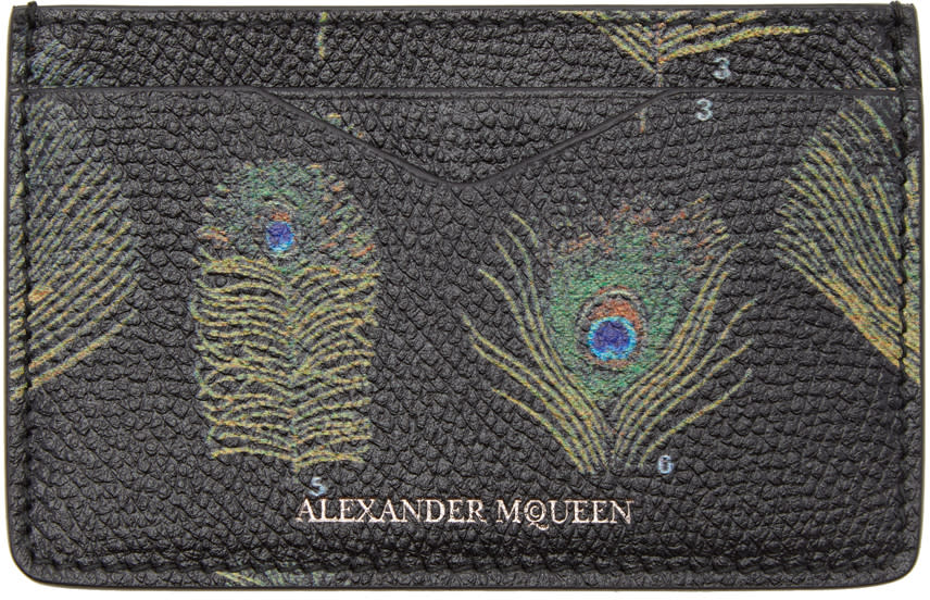 Alexander Mcqueen Black and Multicolor Peacock Feather Card Holder