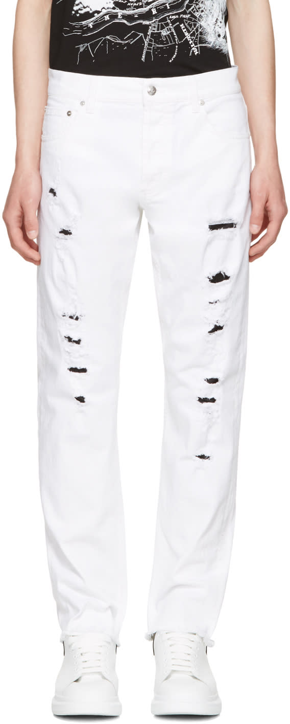 Alexander Mcqueen White Distressed Jeans
