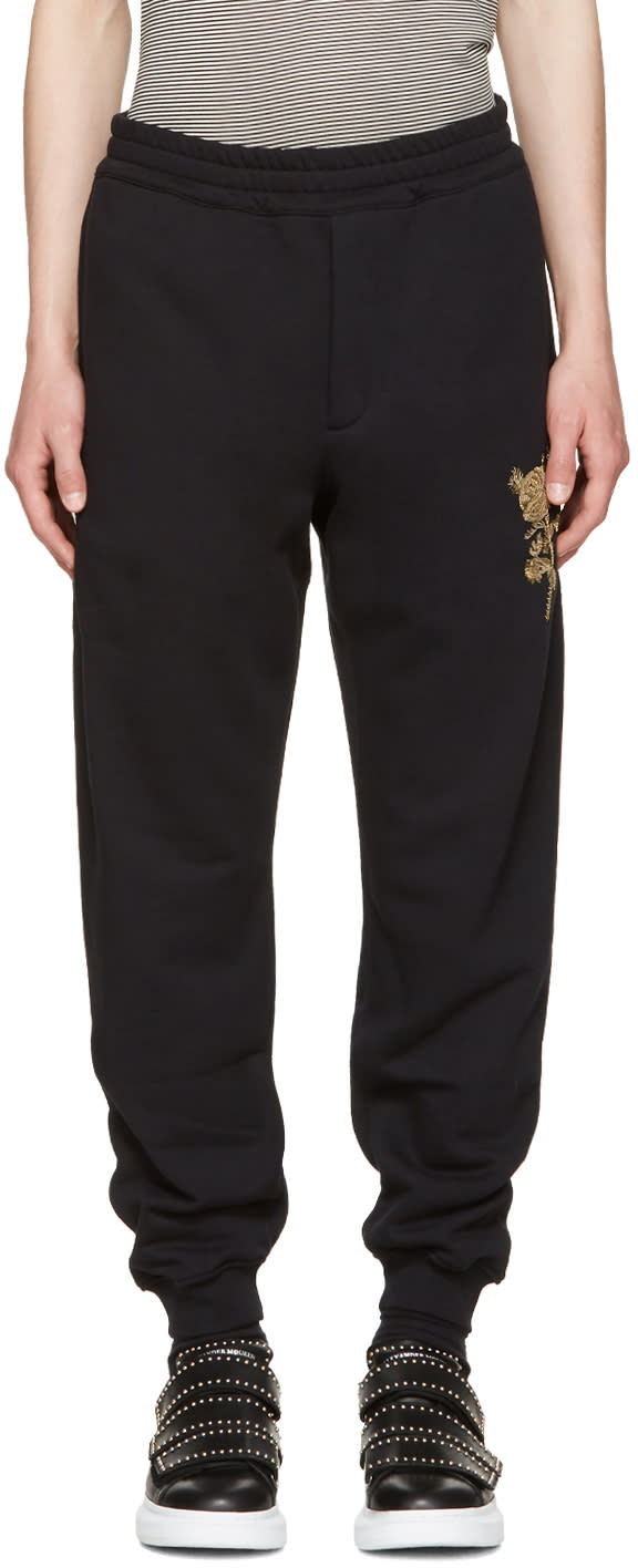 Alexander Mcqueen Black Beaded Floral Classic Lounge Pants