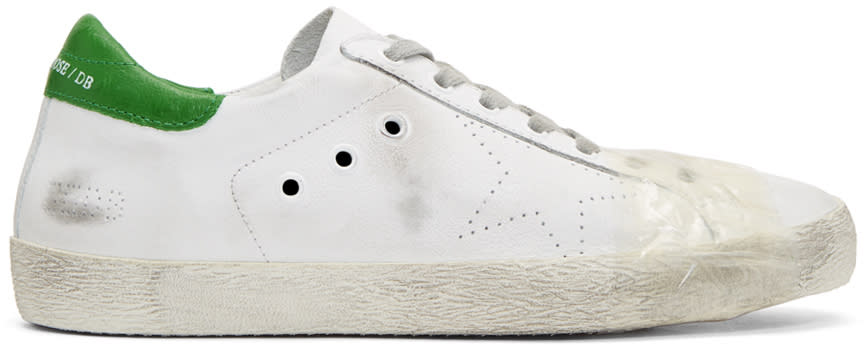 Golden Goose White and Green Tape Superstar Sneakers