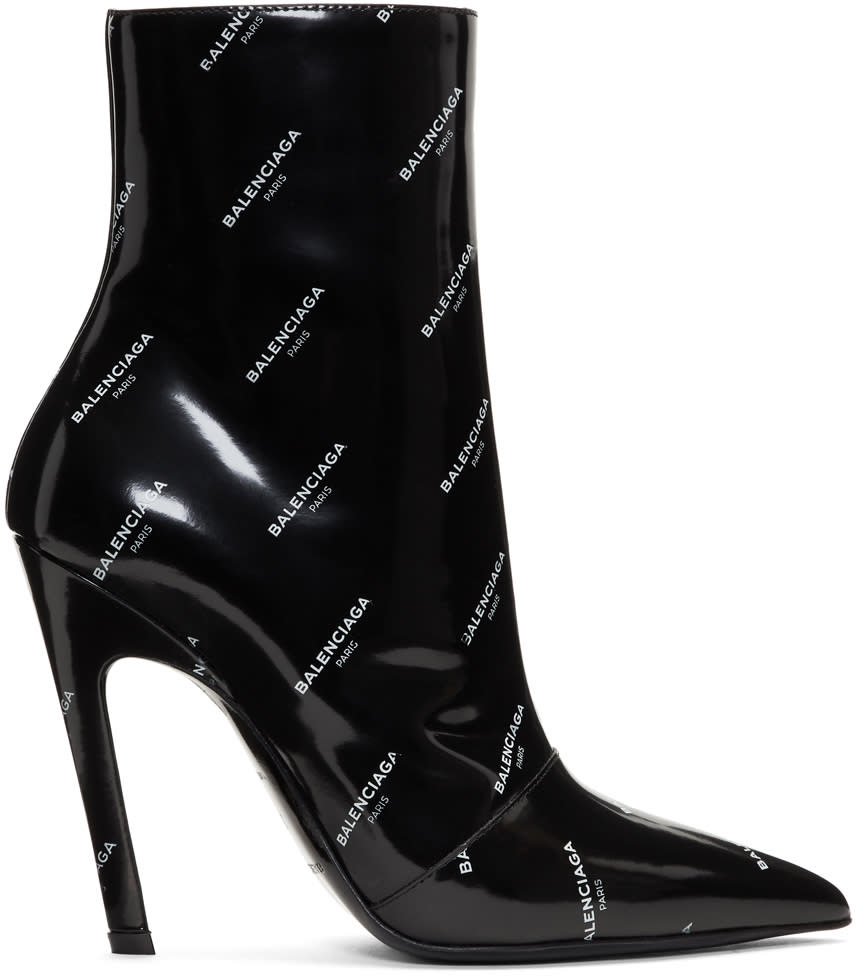 Balenciaga Black Patent All Over Logo Slash Heel Boots