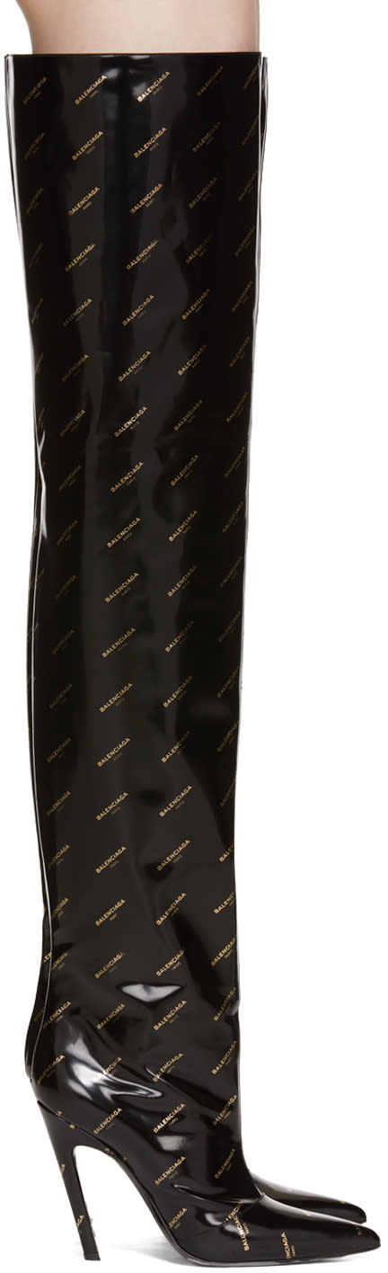 Balenciaga Black Patent All Over Logo Heeled Over-the-knee Boots