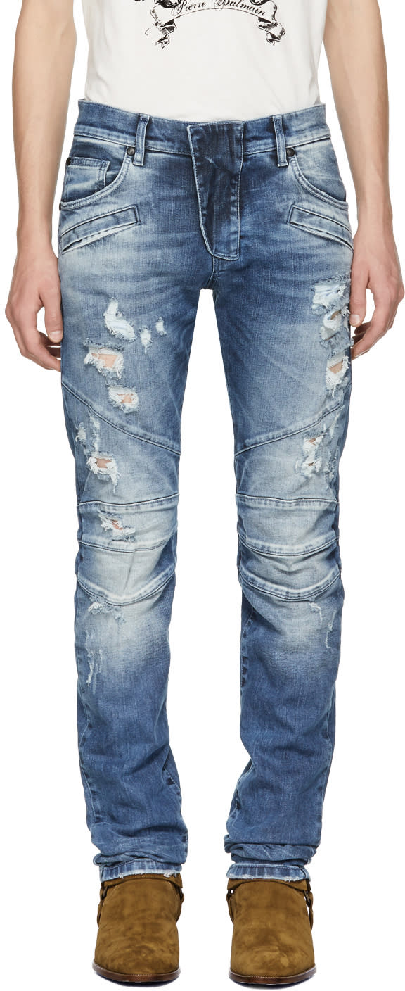 Pierre Balmain Blue Destroyed Biker Jeans