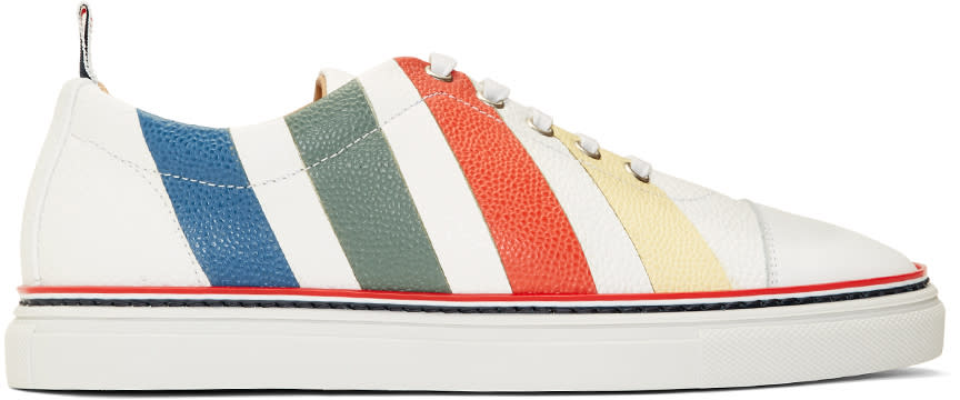 Thom Browne White and Multicolor Diagonal Stripe Sneakers