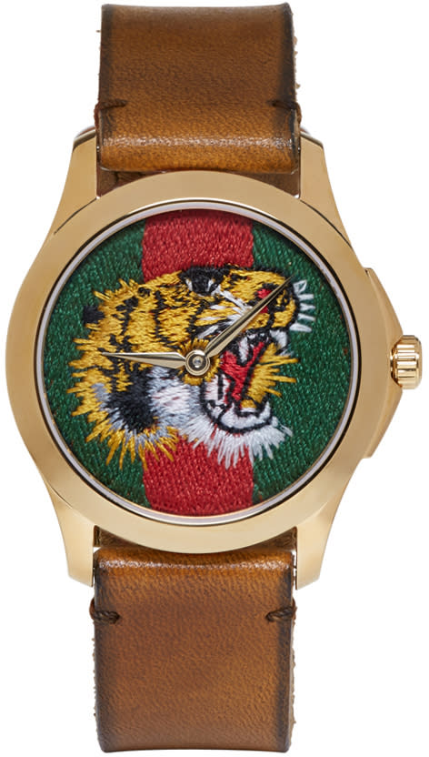 Gucci Gold and Brown Tiger Watch