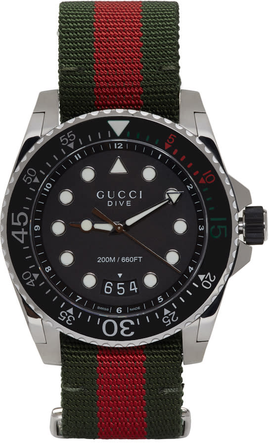 Gucci Silver and Green Xl Dive Watch