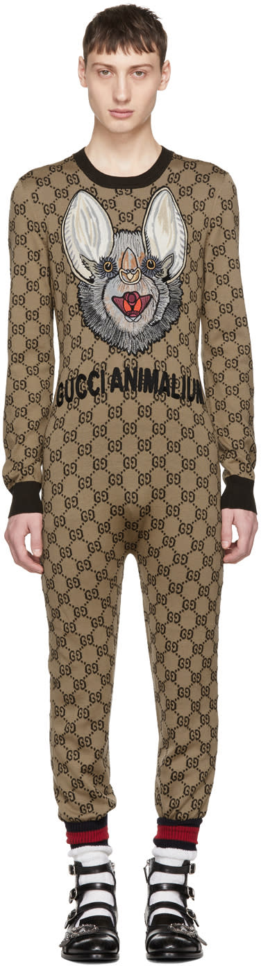 Gucci Brown Wool Gg Supreme Jumpsuit