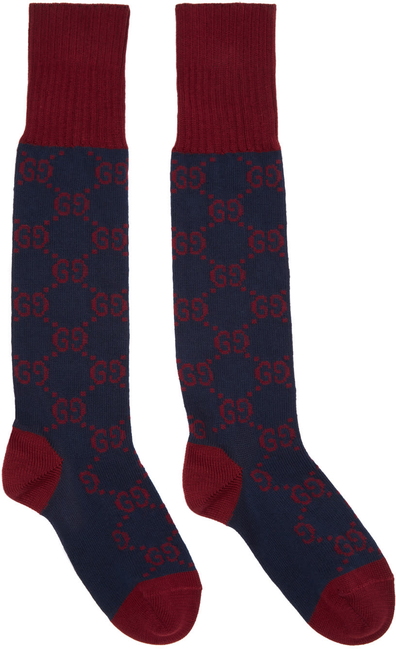 Gucci Navy and Red Long Gg Socks