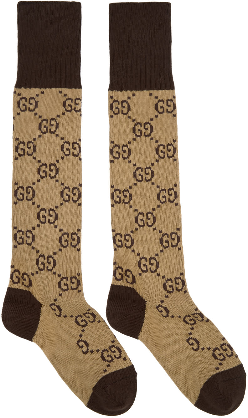 Gucci Beige and Brown Long Gg Socks