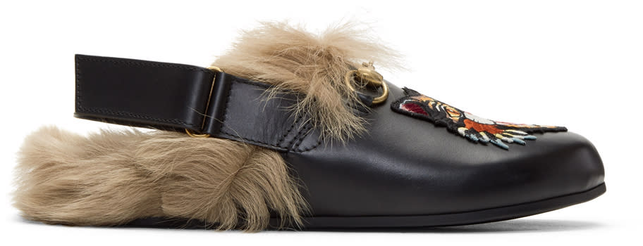 Gucci Black Fur Angry Cat Horsebit River Slippers